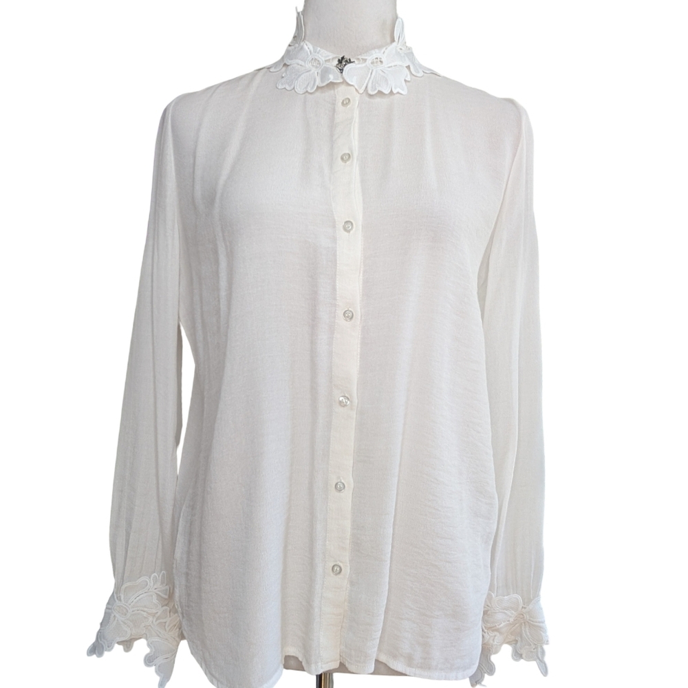 Maje Cassi Blanc Lace Collar Voile Blouse Size 1 Small